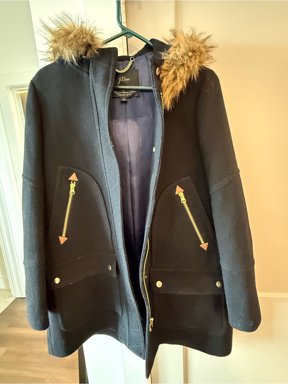 J Crew Chateau Wool Blend Hooded Coat with Faux Fur Trim - Black size 6 - Picture 1 of 3